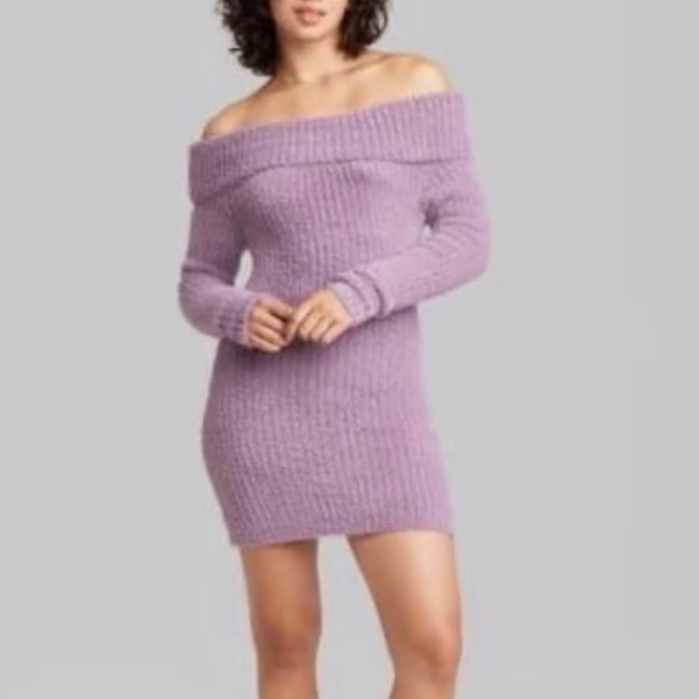 Wild Fable Off Shoulder Fuzzy‎ Knit Sweater Dress Lilac XS
